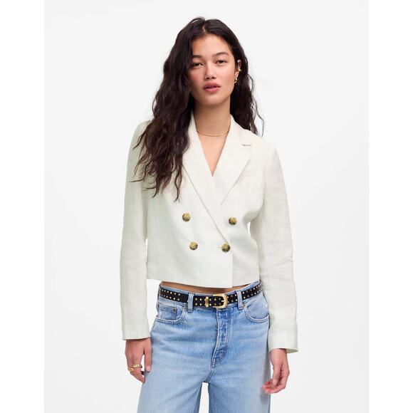 Madewell Double-Breasted Crop Blazer Jacket in 100% Linen Salt Size 6 NWT - Picture 1 of 12